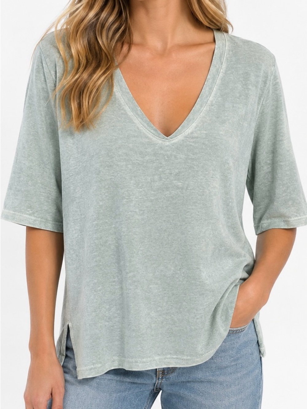 Poetry Mint Green Hemp Organic Cotton V-Neck Tee Quiet Luxury Coastal